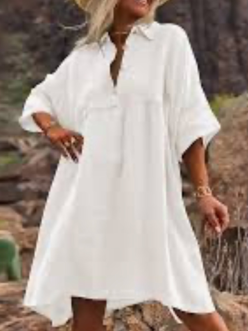 White Linen Collection Collar V neck Tunic Mini Dress with Wooden Button  M/ L